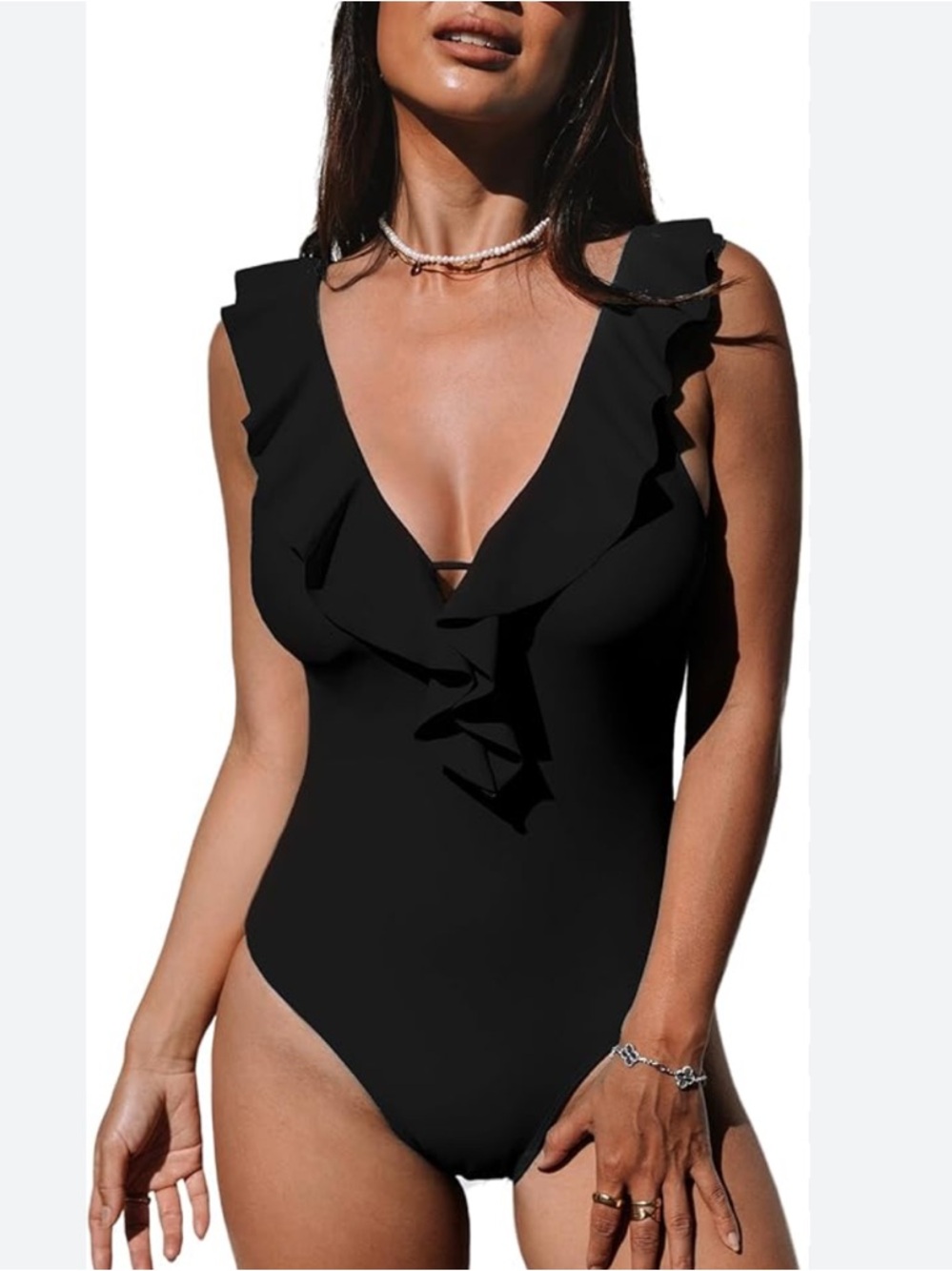 ASOS Black Plunge Swimsuit Deep V Tie Back Open Back High Cut Minimalist Size 4